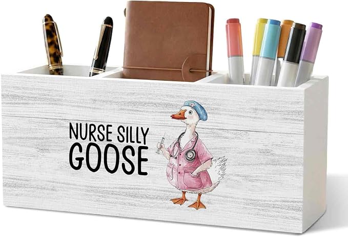 Funny Goose Nurse Office Pencil Pen Holder for Desk Organizer, Nursing Week Gifts, Nurse Appreciation Gifts, Gift for Nurses Female Women Wooden Box Decorations for Office Desk Tabletop Decor
