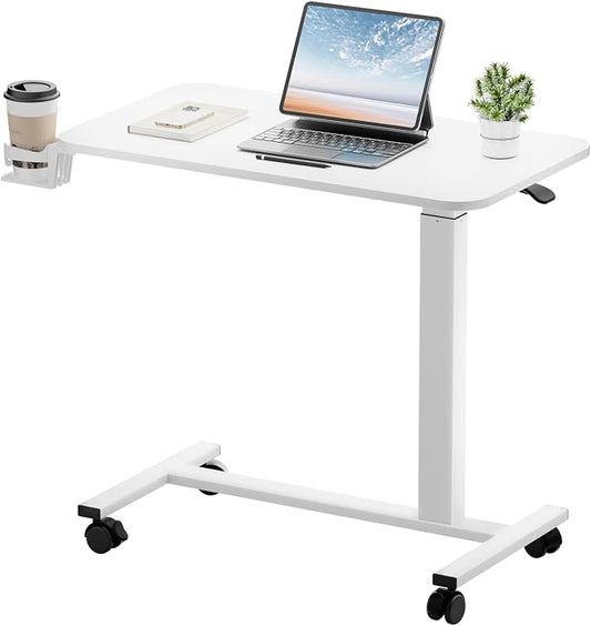 GTPLAYER Small Standing Desk with Lockable Wheels, Pneumatic Mobile Rolling Laptop Desk,Adjustable Height Overbed Bedside Table Computer Workstation for Home Office (32" W x 18" D, White)