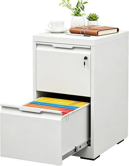 2 Drawer File Cabinet with Lock, Heavy Duty Steel Under Desk Vertical Filing Cabinet for Home Office Use, Printer Stand with Drawers, for A4/Letter-Size Files, Easy to Assemble, White