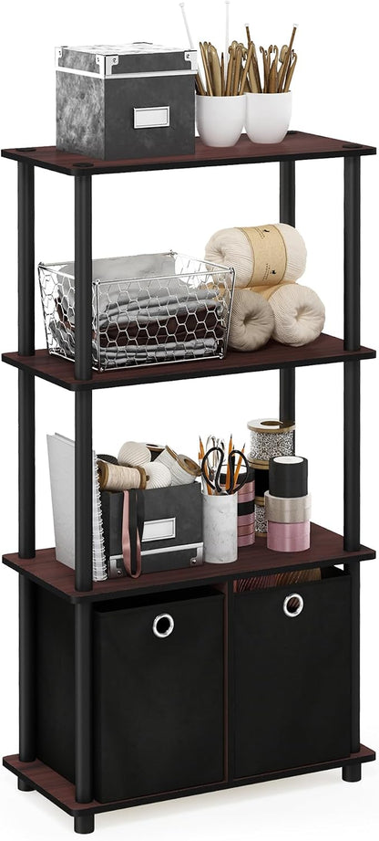 Furinno GO GREEN Storage Shelf Set of 2, 4-Tier Storage Rack with Bins, Book Shelf, Display Rack, with Storage Bins, for Organization and Storage, Living Room, Home Office, Dark Cherry