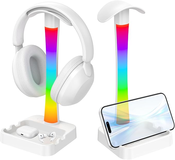 Headphone Stand with Charger,Gaming Headset stand with RGB Light Mode,For Airpod Max Stand,Desk Lamp,Phone Holder,Tablet Holder,desktop organizer,Gifts for Gamers & Music Lover (White)