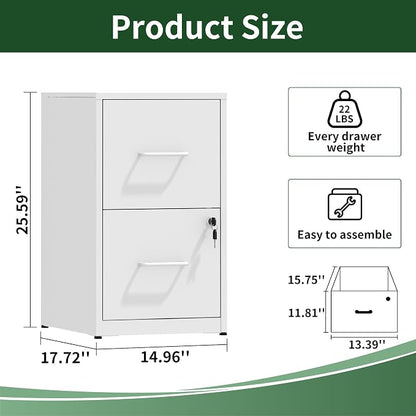 2 Drawer File Cabinet, Vertical File Cabinets with Lock for Home Office,Heavy Duty Office Steel Filing Cabinet for Hanging Letters/Legal/A4, Assembly Required (White)