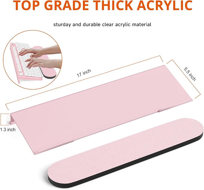 Richboom Ergonomic Computer Keyboard Stand - Acrylic Tilted Computer Keyboard Holder for Easy Typing, Keyboard Riser with Silicone Anti-Slip Case for Office Desk, Home, School, Pink
