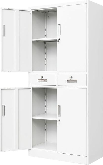 Wanfu Metal Storage Cabinet, Locking Storage Cabinet with Adjustable Shelves and 2 Drawers, 16" D x 32" W x 71" H Steel Cabinets for Office, Garage, Home, Classroom, Utility Room(White)