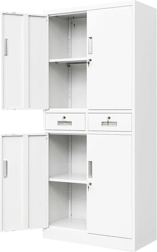 Wanfu Metal Storage Cabinet, Locking Storage Cabinet with Adjustable Shelves and 2 Drawers, 16" D x 32" W x 71" H Steel Cabinets for Office, Garage, Home, Classroom, Utility Room(White)