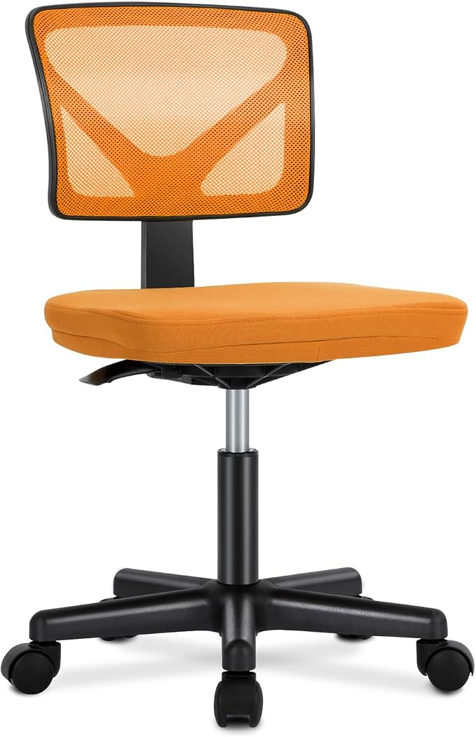 DUMOS Armless Office Chairs with Wheels, Ergonomic Adjustable Home Desk Swivel Rolling Task Chair No Arms, Comfy Mesh Mid Back Computer Work Vanity Desk Chairs for Small Spaces, Orange