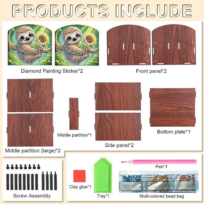 Diamond Painting Wooden Desk Organizer, Sloth with Sunflower Design DIY Diamond Art Storage Box for Tabletop Decoration, Crystal Rhinestones Art Desktop Ornament Kit for Adults