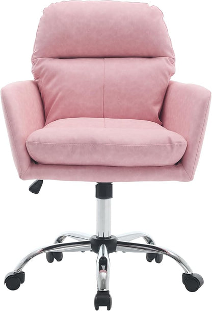 YITAI Adjustable Home Office Desk Chair with Comfy Square Mid-Back, Faux Leather 360 Swivel Upholstered Task Armchair with Wheels for Vanity Bedroom/Living Room,Pink