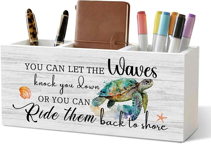 Motivational Sea Turtle Pencil Pen Holder for Desk Organizer, Motivational Gifts, Coastal Beach Sea Turtle Wooden Box Decorations for Home Office Bedroom Desk Tabletop Decor