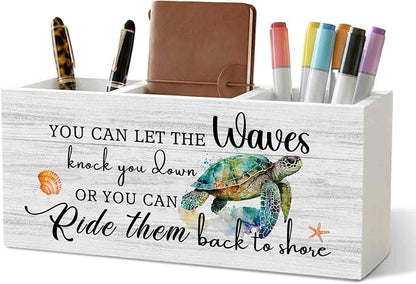 Motivational Sea Turtle Pencil Pen Holder for Desk Organizer, Motivational Gifts, Coastal Beach Sea Turtle Wooden Box Decorations for Home Office Bedroom Desk Tabletop Decor