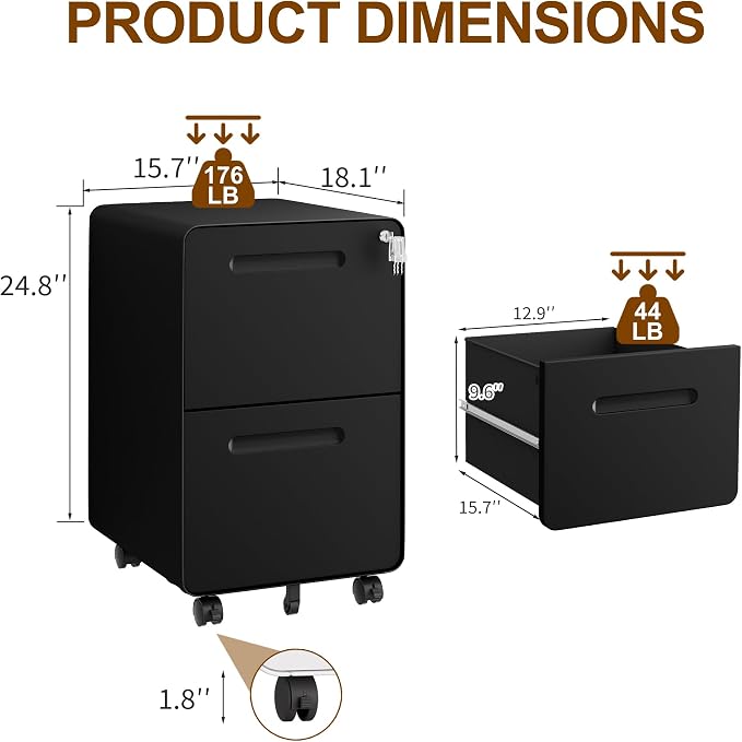 File Cabinet, Mobile Filing Cabinet with Lock, All Steel Structure Printer Stand, Fully Assembled Except Casters, Under Desk Storage for Home Office, 2 Drawers Document Organizer, Black