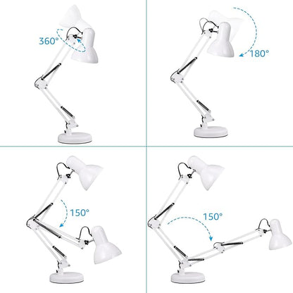 TORCHSTAR Metal Desk Lamp, Adjustable Swing Arm, E26, White | Architect Gooseneck Multi-Joint Clip Table Lamp with Plastic Clamp, for Home Office, Work, Study, Reading, Bulbs not Included