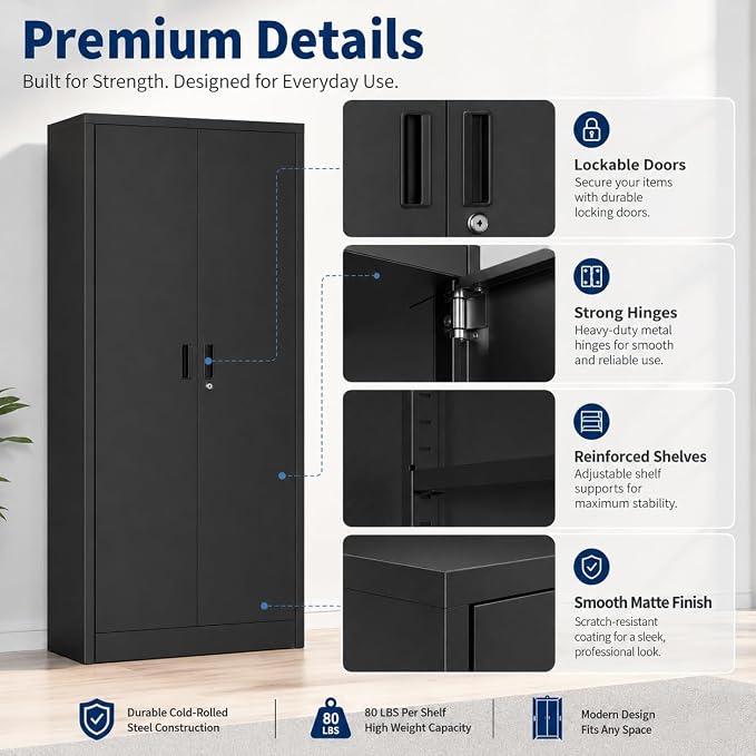 71" Black Metal Storage Cabinet with Lock & Adjustable Shelves - Heavy Duty Garage, Pantry & Office Cabinet with Adjustable Feet, 4 Shelves & Doors for Home Organization