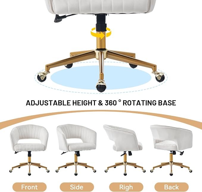 Home Office Desk Chair, Vanity Chair with Back 360 Swivel Armchair and Gold Base, Velvet Criss Cross Chair with Wheels for Vanity Home Office, Living Room, Bedroom and Study (Beige)
