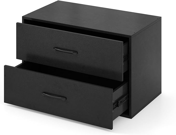 2 Drawer Lateral File Cabinet, Stackable Home Office Drawers, Under Desk Printer Stand, Low Storage Organizer, Horizontal Wooden Filing Cabinet for Study Living Room, No Wheels (1, Black)