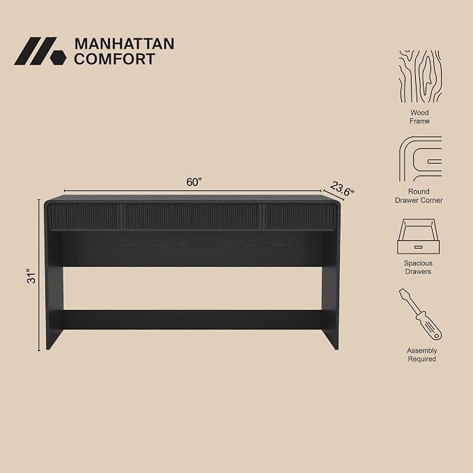 Manhattan Comfort Novara Modern 60" Writing Desk with 2 Smooth-Glide Drawers with Fluted Fronts, Office Desk with Large Work Surface, Stylish Rounded Edges, Black