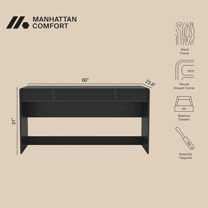 Manhattan Comfort Novara Modern 60" Writing Desk with 2 Smooth-Glide Drawers with Fluted Fronts, Office Desk with Large Work Surface, Stylish Rounded Edges, Black