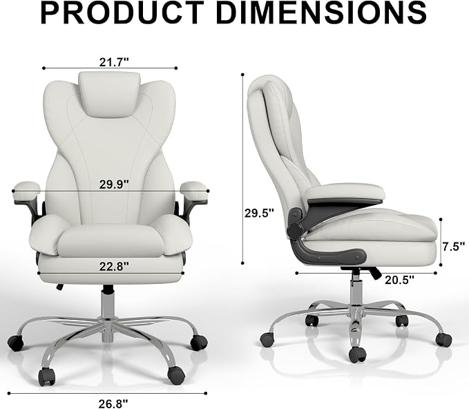Office Chair, Home Desk Chair, Ergonomic Computer Chair with Lumbar Support, Executive Leather Chair with Flip-Up Armrests, Big and Tall Swivel Rolling Chair, White