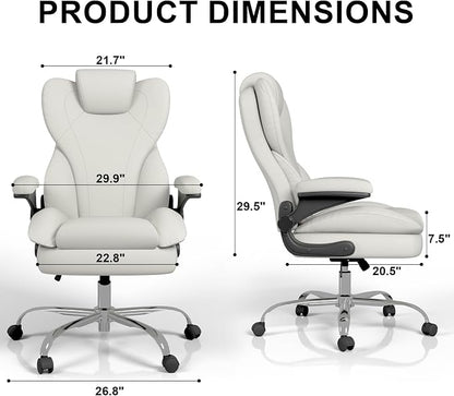 Office Chair, Home Desk Chair, Ergonomic Computer Chair with Lumbar Support, Executive Leather Chair with Flip-Up Armrests, Big and Tall Swivel Rolling Chair, White