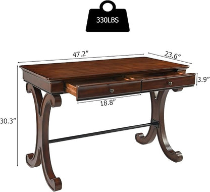 Farmhouse Oak Laptop Desk, Home Office Desks with 2 Storage Drawers, 47.2" Large Work Desk with Curved Legs, Secretary Desk for Home Office, Easy Assembly Vanity Desk, Study Table Station SSZD0036