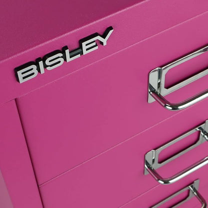 Bisley 3-Drawer Steel MultiDrawer Cabinet - Fuchsia | Chrome Pull Handles with Label Holders, Powder-Coated Steel, Removable Drawers, Desktop Storage, Labels Included