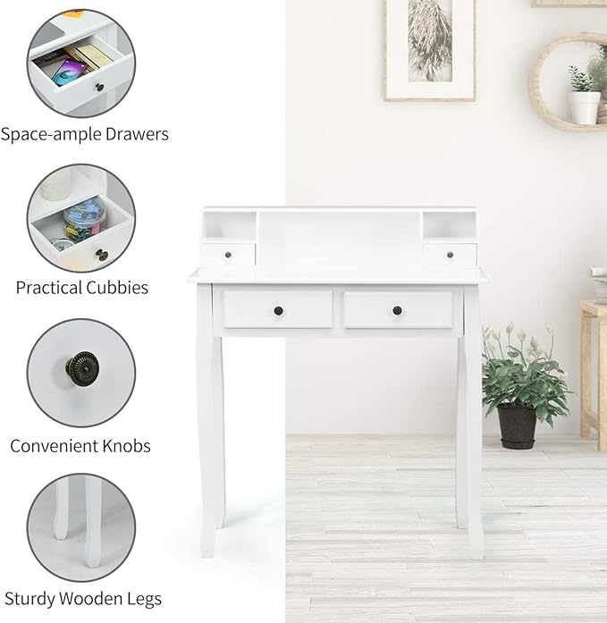 Giantex Writing Desk with 4 Drawers, Removable Floating Organizer 2-Tier Mission Home Computer Vanity Desk for Apartment Small Space, White