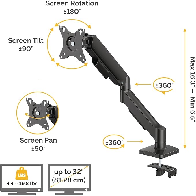 Fellowes Everyday Plus Single Gas Spring Monitor Arm Supports up to 32" Screens Weighing 4.4-19.84 lbs, Height Adjusting, Tilt, Swivel, Rotate, VESA 75/100, Clamp or Grommet Mount, Cable Management
