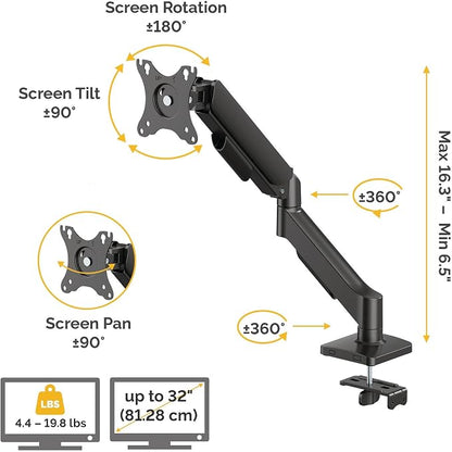 Fellowes Everyday Plus Single Gas Spring Monitor Arm Supports up to 32" Screens Weighing 4.4-19.84 lbs, Height Adjusting, Tilt, Swivel, Rotate, VESA 75/100, Clamp or Grommet Mount, Cable Management