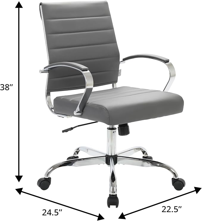 LeisureMod Benmar Leather Office Desk Chair, Mid-Back Ergonomic Swivel Chair with Lumbar Support, Adjustable Height, Tilt Lock, Cushioned Seat & Back, Home Office Task Chair (Grey, Pallet)
