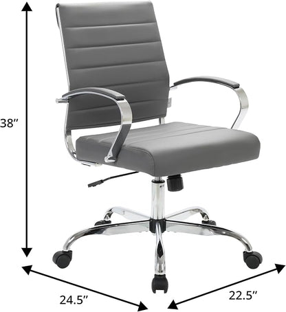 LeisureMod Benmar Leather Office Desk Chair, Mid-Back Ergonomic Swivel Chair with Lumbar Support, Adjustable Height, Tilt Lock, Cushioned Seat & Back, Home Office Task Chair (Grey, Single)
