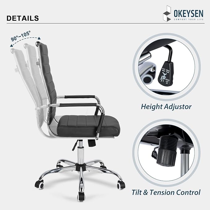 Okeysen Ergonomic Office Desk Chair, Modern PU Leather Conference Room Table Chairs Ribbed, High Back Executive Swivel Rolling Chair for Home, Office