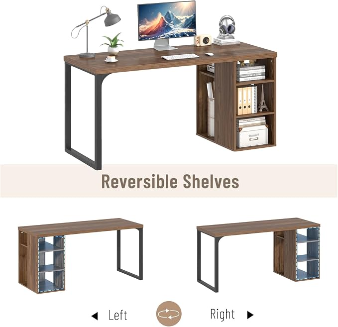 EXCEFUR Home Office Desk with Storage, Modern Computer Desk with Reversible Shelves, Gaming Study Writing Table Workstations for Living Room Bedroom, 53 Inch, Rustic Walnut