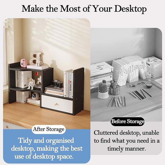 Expandable Wood Desktop Bookshelf, Freestyle Adjustable Wood Display Desk Shelf Counter Storage Rack Top Bookcase for Office & Home (Black)