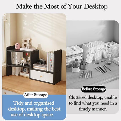 Expandable Wood Desktop Bookshelf, Freestyle Adjustable Wood Display Desk Shelf Counter Storage Rack Top Bookcase for Office & Home (Black)