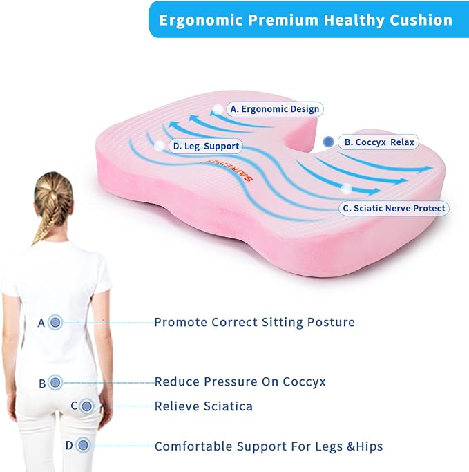 SAIREIDER Office Chair Cushion, Car Seat Cushion, Memory Foam Coccyx Cushion Pads for Tailbone Pain, Sciatica Relief Pillow, Correct Sitting Posture (Pink)