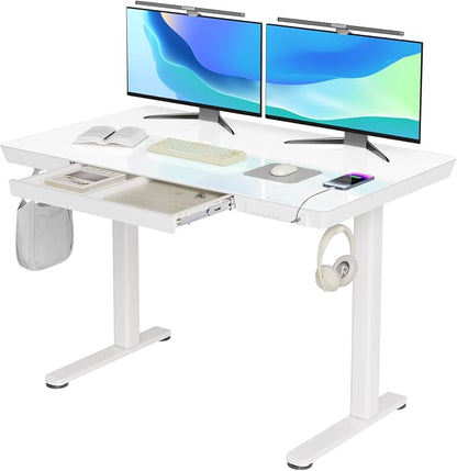 INNOVAR Glass Standing Desk with Drawers & USB Ports,48 inch Whole-Piece Glass Top Adjustable Height Desks, Quick-Install Electric Sit-Stand Up Desk for Home Office & Computer Workstation, White