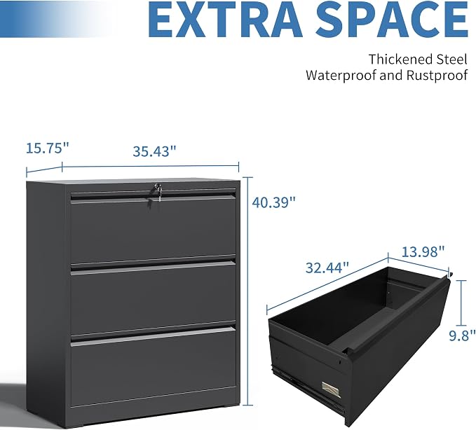 File Cabinets 3 Drawer,Metal Office Storage Filing Cabinet with Lock,Black Lateral Filing Cabinet for Home Office,Horizontal Locking File Cabinets for Legal/Letter/A4 Files,Assembly Required