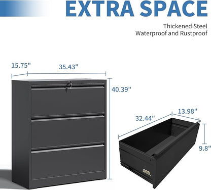 File Cabinets 3 Drawer,Metal Office Storage Filing Cabinet with Lock,Black Lateral Filing Cabinet for Home Office,Horizontal Locking File Cabinets for Legal/Letter/A4 Files,Assembly Required