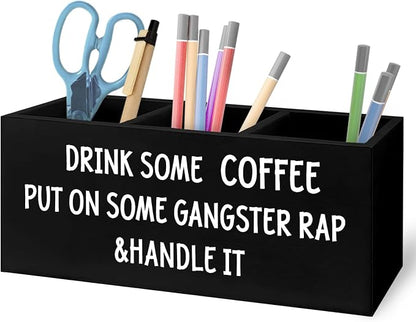 Funny Coffee Wooden Pen Pencil Holder for Office Desk Accessories, Inspirational Gifts for Coworkers Coffee Lovers Women Men Friends, Humorous Quote Makeup Brush Toothbrush Holder Organizer