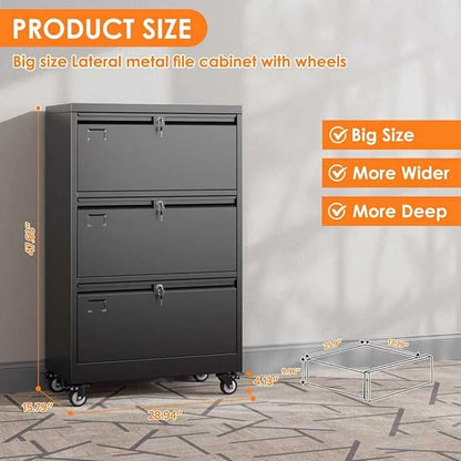 METAN 3 Drawer Lateral File Cabinet on Wheels with Locks, Heavy Duty Metal Rolling Filing Cabinet for Home Office, for Letter, Legal Size Folders, Black, Assembly Required,16" D x 29" W x 47.5" H