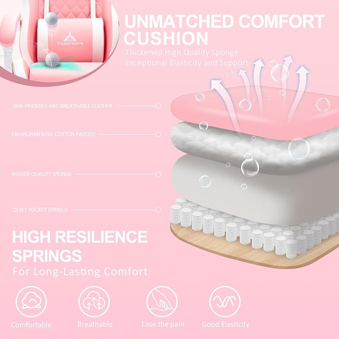 Pink Gaming Chair,Ergonomic Massage Computer Office Desk Chai r with Footrest,Pocket Spring Cushion,Reclining Leather Adjustable Gamer Chair with Headrest and Lumbar Support,Pink