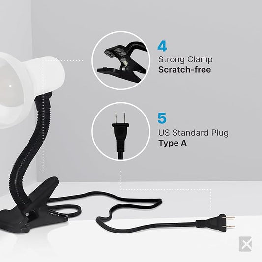 Xtricity LED Clip on Desk Lamp with 360° Flexible Gooseneck, Reading Light for Bed Headboard– A19 Bulb Included, 120V, On/Off Switch, 10.25” Height Table Lamp with White Finish (2 Pack)