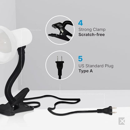 Xtricity LED Clip on Desk Lamp with 360° Flexible Gooseneck, White Finish | Reading Light for Bed Headboard– A19 Bulb Included, 120V, On/Off Switch, 10.25” Height Table Lamp