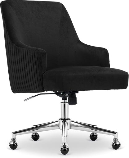 Serta Scarlett Modern Office Chair, Pleated and Curved Mid-Back Desk Chair, Pocket Coil Seat Cushion, Padded Armrests, Vanity Armchair with Wheels, Swivel Chrome Base, Black Velvet Fabric