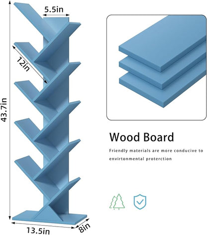 SHEEPAM 10 Tier Tree Book Shelf, Floor Standing Wood Bookshelf for Narrow Space, Storage Organizer Bookshelves for Books/CDs/Magazine, Bookcase with Shelves for Home Office, Living Room - Pure Blue