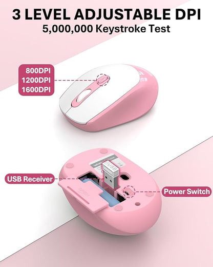 Colorful Wireless Keyboard and Mouse Combo - Round Keycaps, 2.4GHz Retro Typewriter Keyboard with Number Pad, Cute Compact USB Keyboard and Mouse for Computer PC Desktop Laptop (Pink)