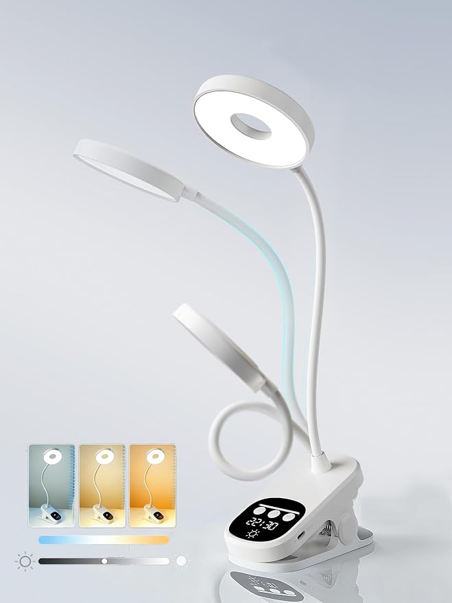 Clip On LED Desk Lamp Wireless, 6000mAh Rechargeable Eye-Caring Bedside Reading Light with Clock & Timer, 3 Color Temperatures 360° Rotatable for Dorm Room, Bed Headboard, Home, Office, Camping