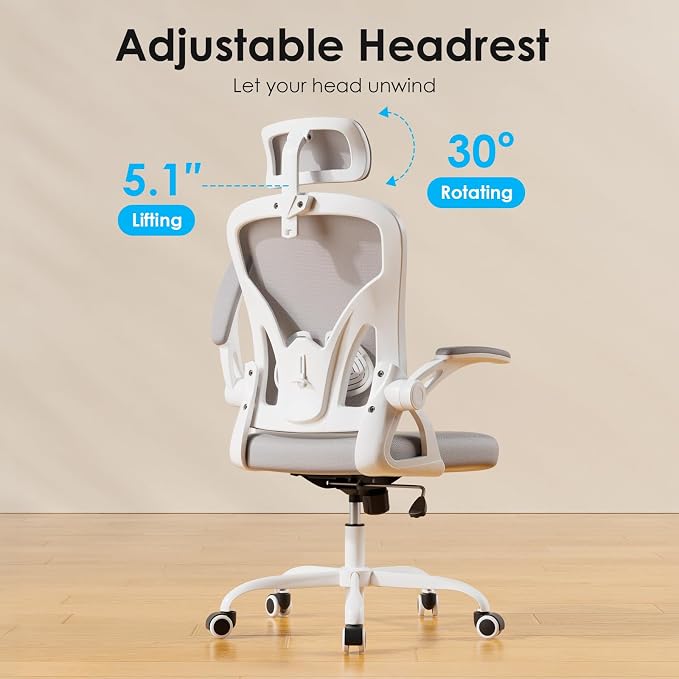 Farini Ergonomic Office Chair, Home Office Desk Chair with Headrest, High Back Swivel Computer Chair with Armrests and Adjustable Lumbar Support for Home Office Study Room, White & Grey
