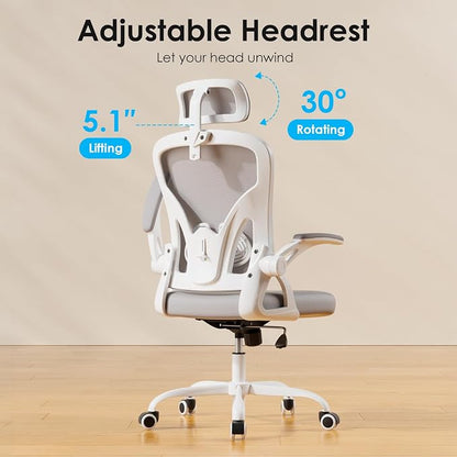 Farini Ergonomic Office Chair, Home Office Desk Chair with Headrest, High Back Swivel Computer Chair with Armrests and Adjustable Lumbar Support for Home Office Study Room, White & Grey