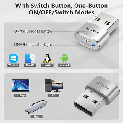 AUEDROT Mouse Jiggler Undetectable Metal USB Mouse Mover with Switch Button, Automatic Mini Mouse Shaker with 2 Jiggle Modes, Plug and Play, Keep Computer/Laptop Awake, Silver, 2 PCS